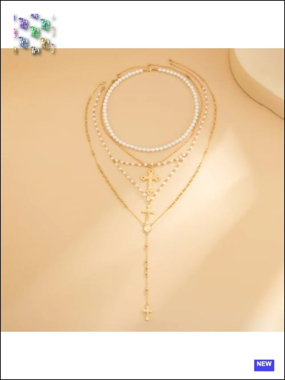 Layered Cross Necklace Set - Multi Chain Pendant Jewelry with Rhinestone Accents